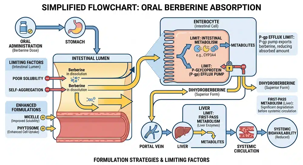 berberine-absorption-pgp-efflux-flowchar Berberine absorption flowchart showing P-gp efflux intestinal metabolism and formulation strategies