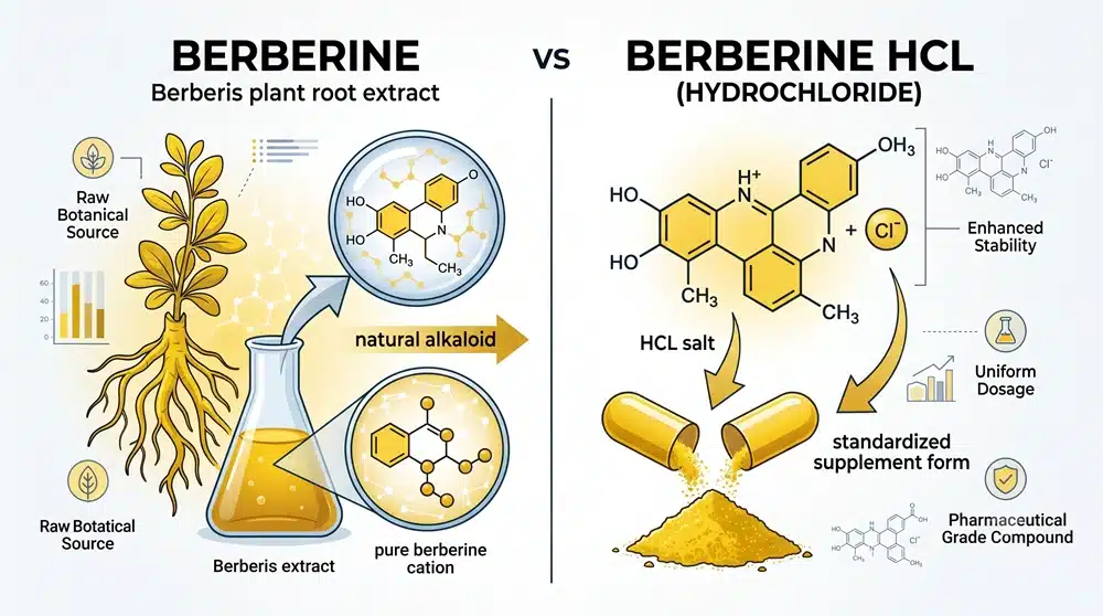 Berberine vs Berberine HCL comparison with plant alkaloid and hydrochloride salt supplement form
