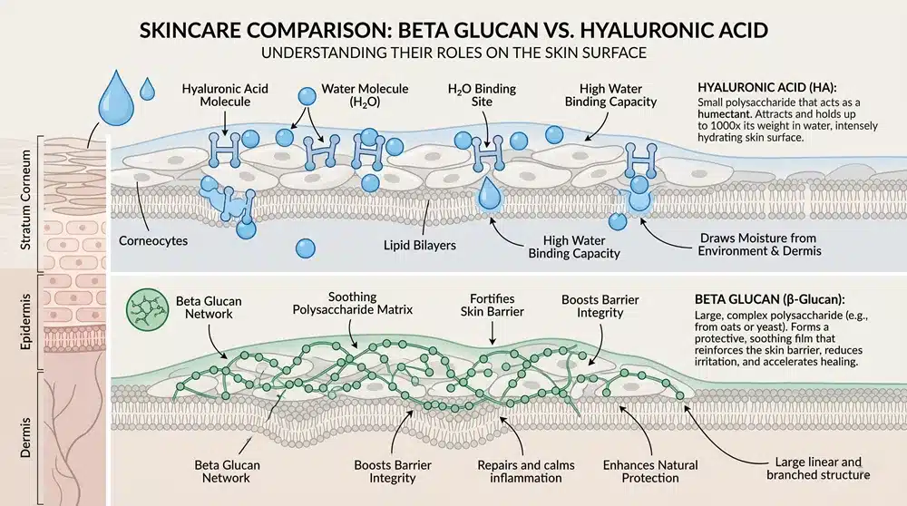 Beta glucan vs hyaluronic acid skin hydration mechanism diagram