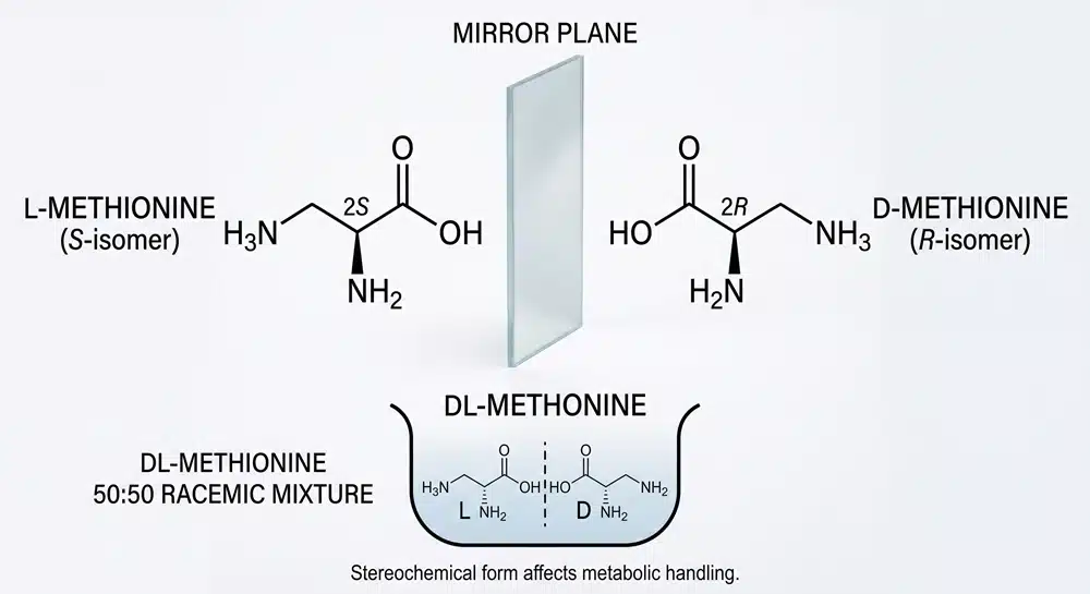 L-methionine, D-methionine and DL-methionine stereochemistry diagram