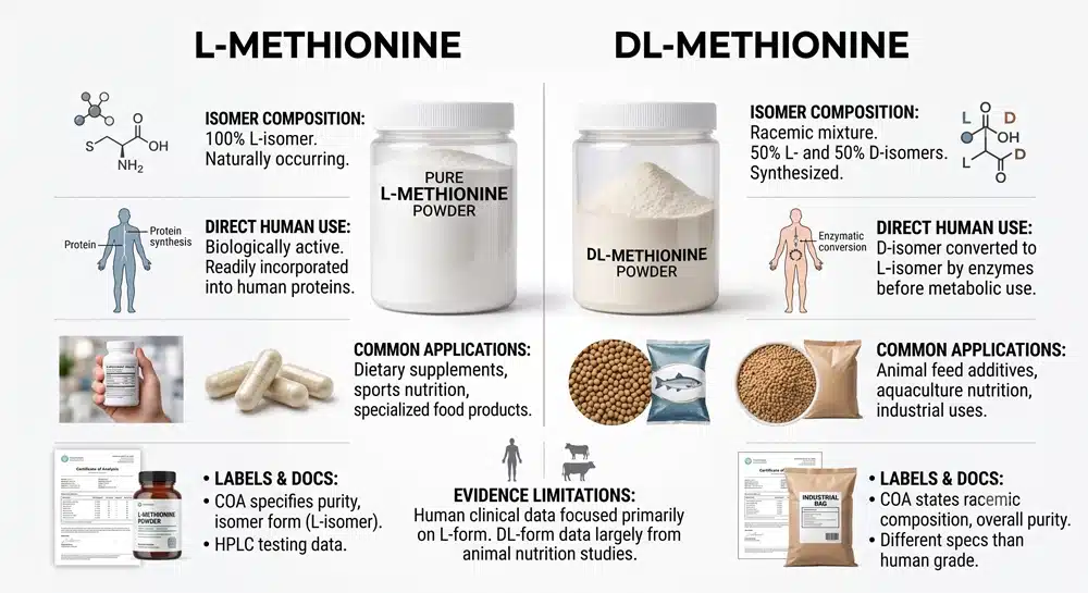 L-methionine vs DL-methionine comparison by isomer composition, human use and quality