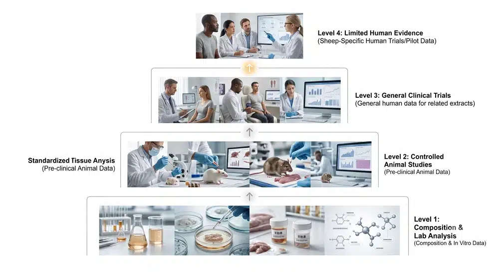 Evidence levels for sheep placenta extract from laboratory studies to human trials