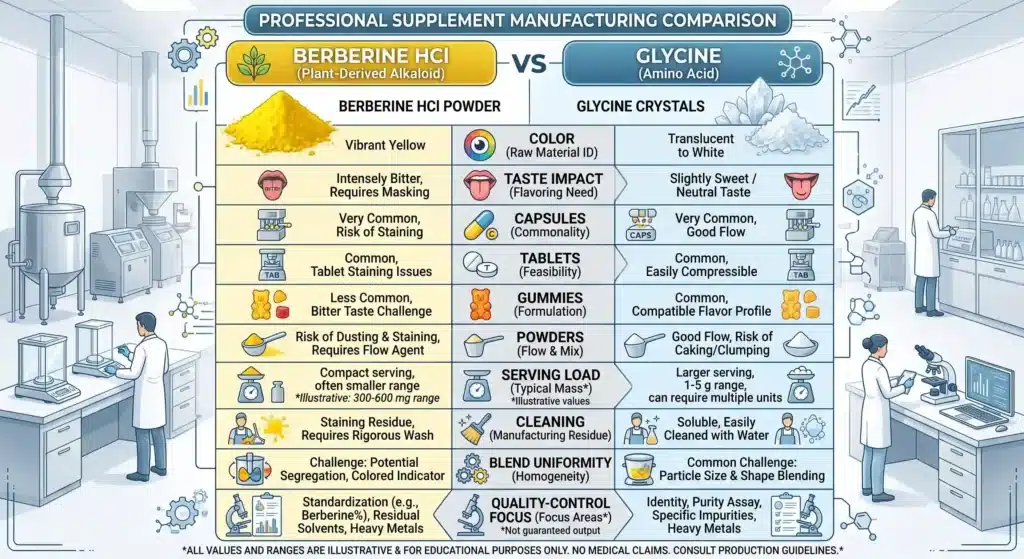 Berberine HCl vs glycine supplement manufacturing comparison