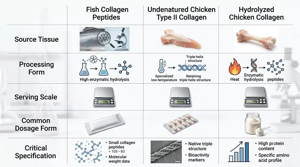 Fish collagen peptides compared with undenatured and hydrolyzed chicken type II collagen