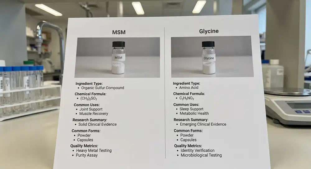 MSM and glycine comparison by chemical type, uses, evidence and supplement format