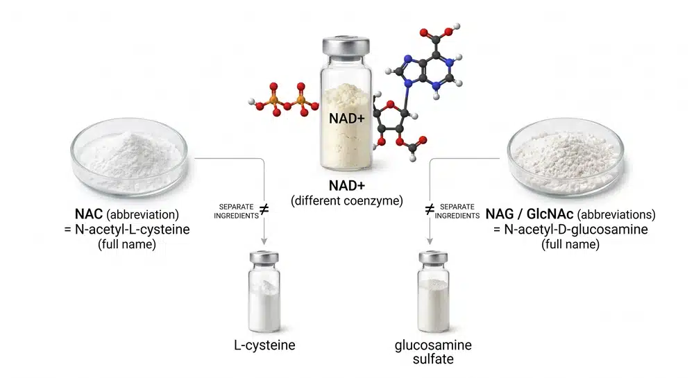 NAC, NAG, GlcNAc, NAD and L-cysteine name clarification chart
