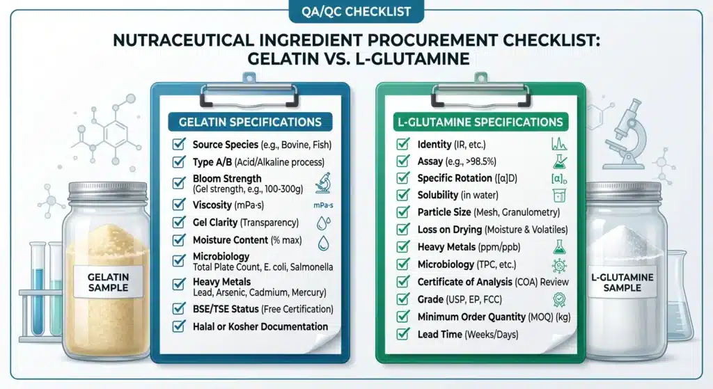 B2B quality checklist for gelatin and L-glutamine ingredients