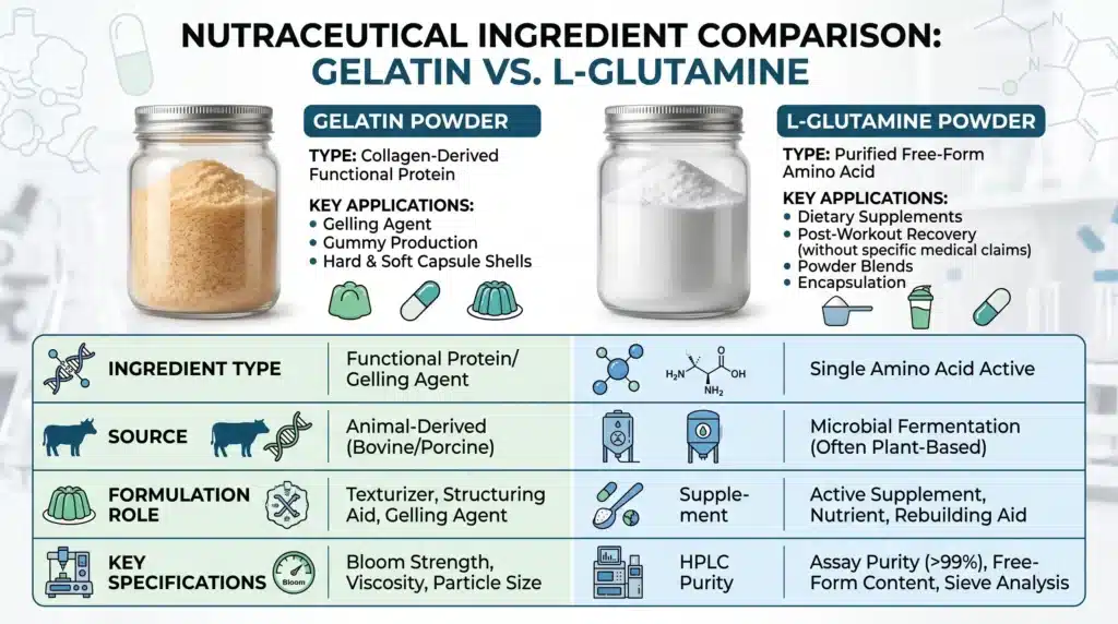 Gelatin vs L-glutamine powder comparison for supplement formulation