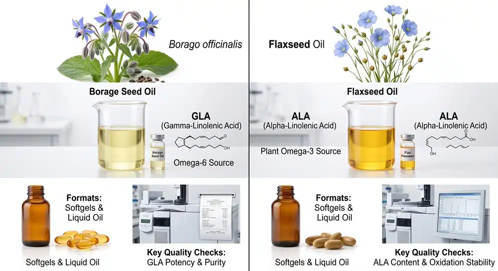 Borage oil vs flaxseed oil comparison showing GLA and ALA