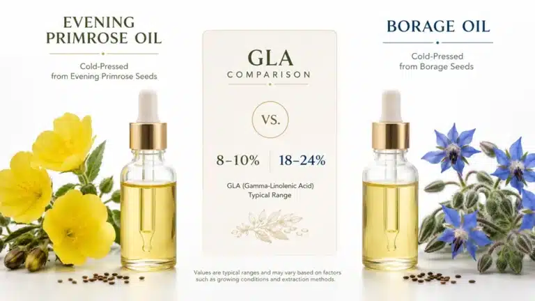 Evening primrose oil vs borage oil comparison showing GLA content and best use cases