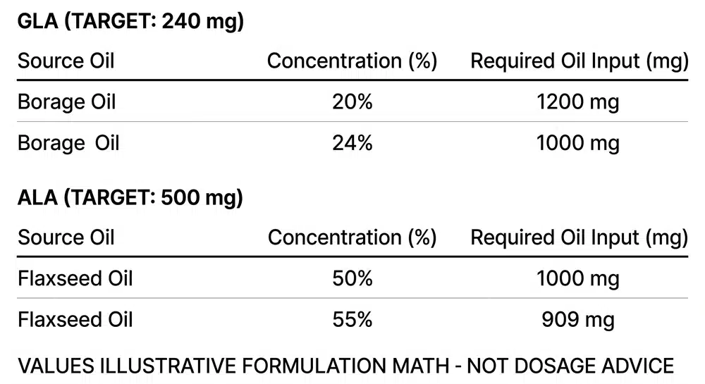 GLA and ALA softgel fill weight calculation example