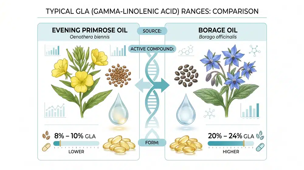 gla-content-evening-primrose-borage-oil-chart GLA content chart comparing evening primrose oil and borage oil