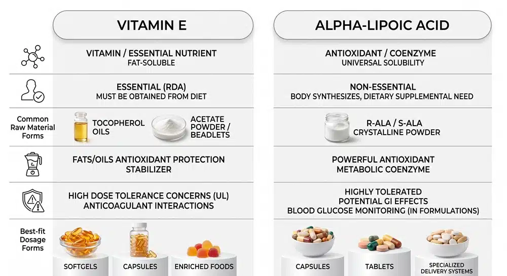 Comparação entre a vitamina E e o ácido alfa-lipóico em termos de função nutricional, segurança e utilização em suplementos