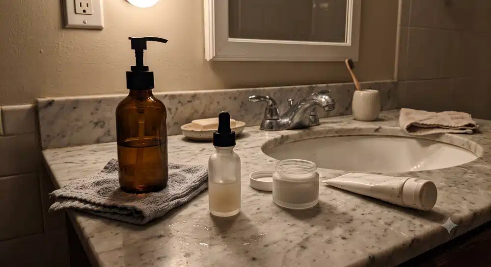 Night skincare routine using retinol and a vitamin E moisturizer