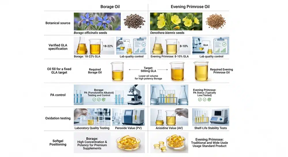 Borage oil vs evening primrose oil GLA, PA safety and softgel comparison