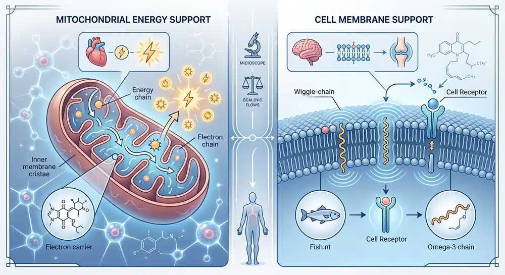 coq10-vs-fish-oil-mechanism CoQ10 mitochondrial energy vs fish oil omega-3 membrane support