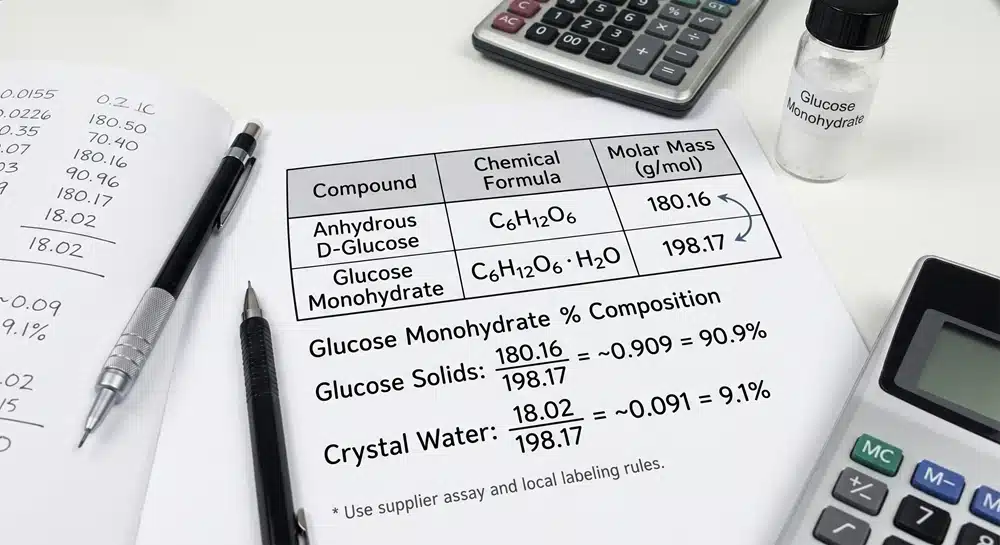 Tính toán hàm lượng chất rắn glucose và nước tinh thể trong dextrose monohydrate