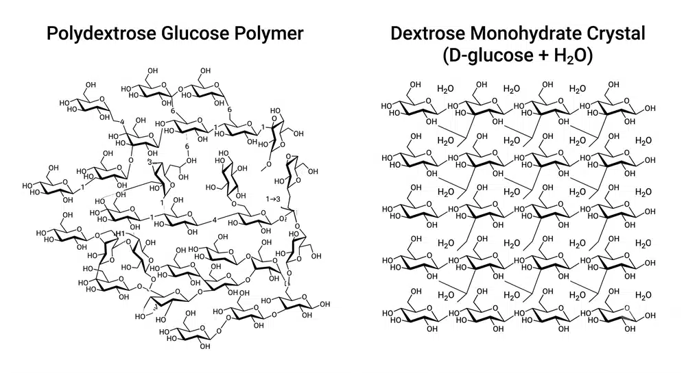 So sánh cấu trúc tinh thể của polydextrose (polyme glucose) với cấu trúc tinh thể của dextrose monohydrat