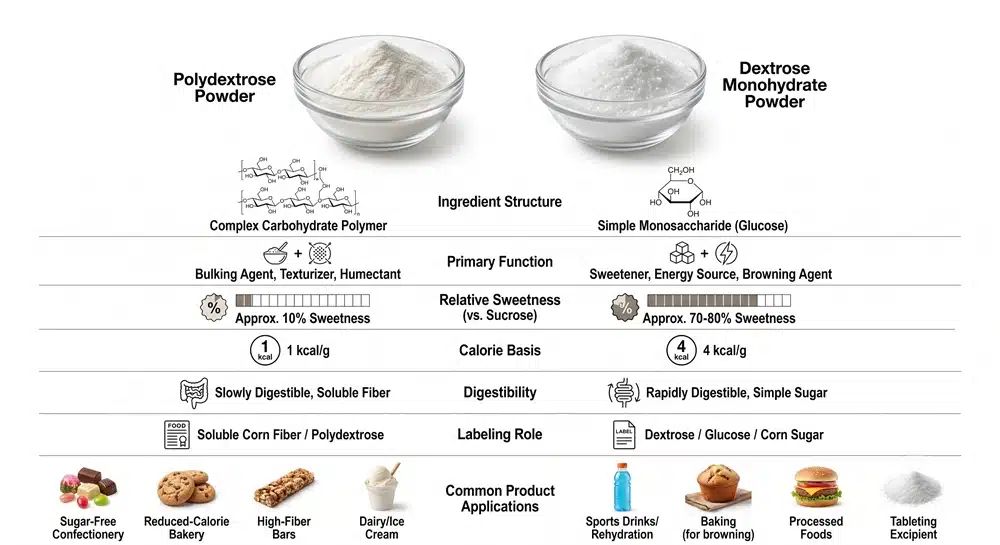 So sánh giữa polydextrose và dextrose monohydrate về chức năng, lượng calo và ứng dụng sản phẩm