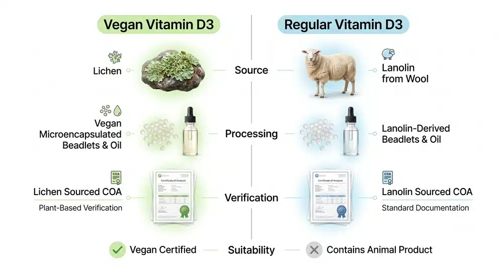 Comparação entre a vitamina D3 vegana e a D3 convencional, com base na origem do líquen, na origem da lanolina e nos requisitos de qualidade