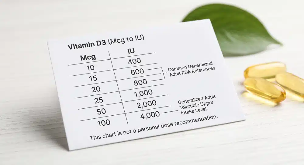 Conversão de microgramas e UI de vitamina D3, com orientação sobre a Dose Diária Recomendada (RDA) e o nível máximo de ingestão