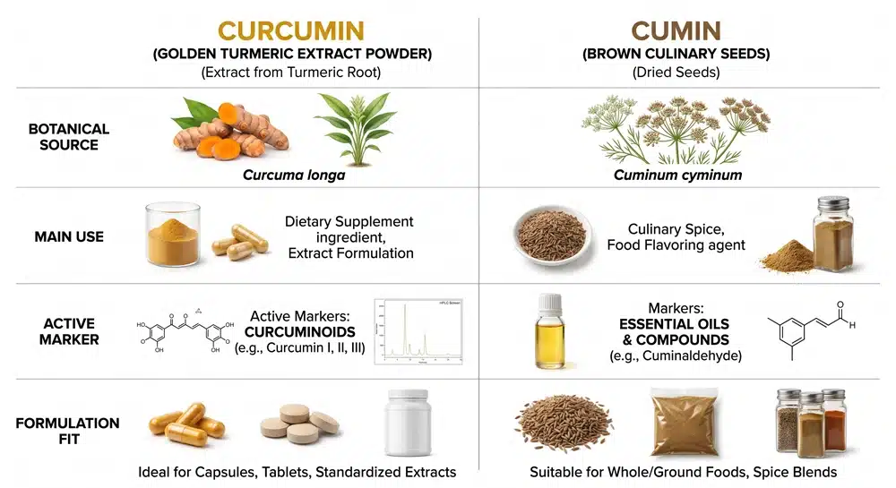 Curcumin vs cumin supplement and spice comparison chart