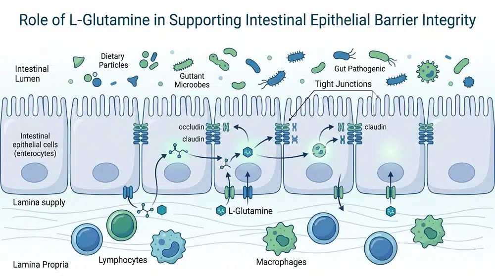 l-glutamine-gut-barrier-immune-cells L-glutamine supporting intestinal barrier cells and immune cell energy demand