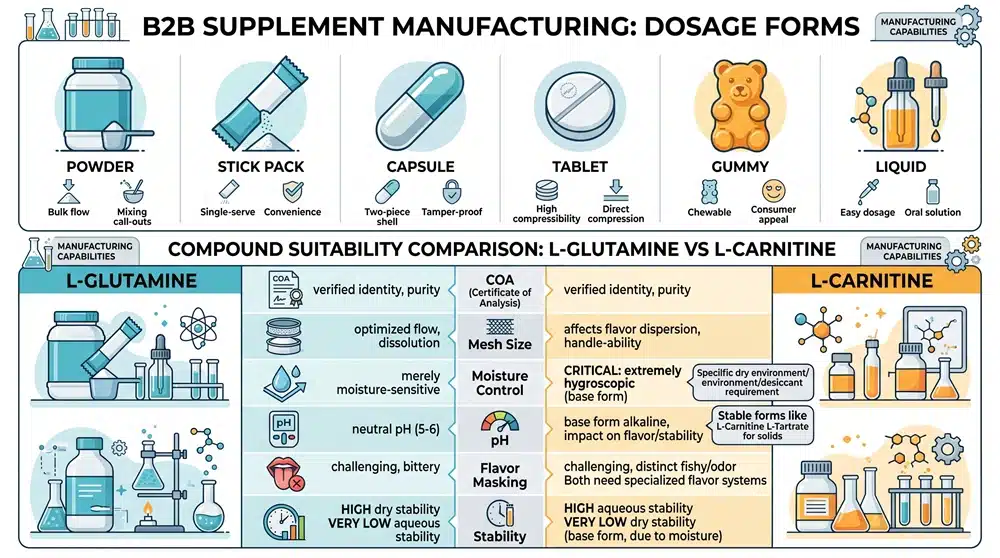 l-glutamine-l-carnitine-formulation-dosage-form-matrix Supplement formulation matrix for L-glutamine and L-carnitine in powder capsule tablet gummy and liquid formats