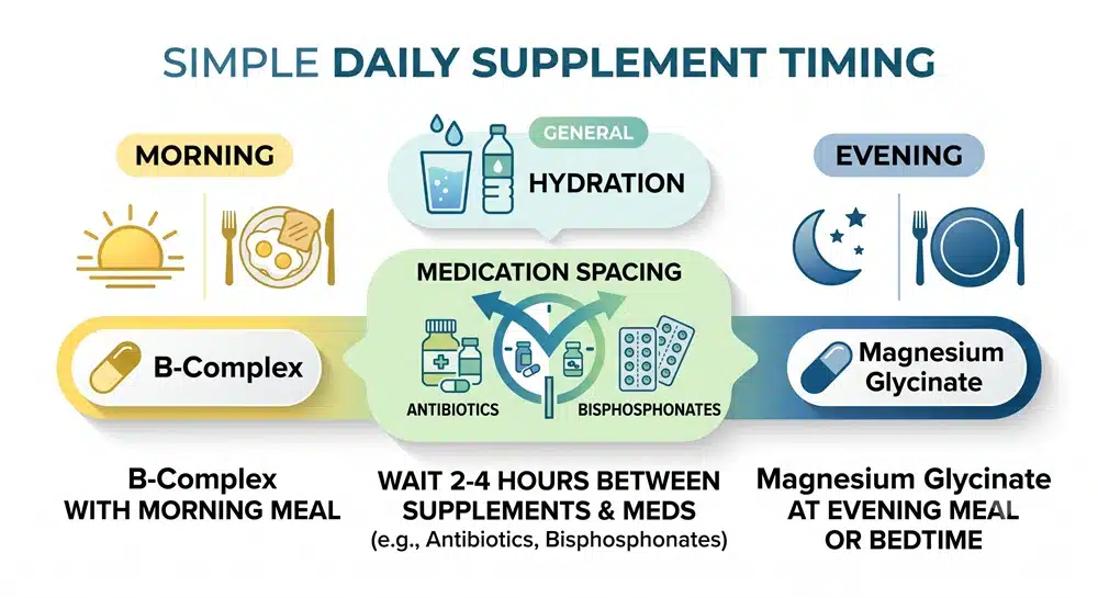 magnesium_b_complex_timing_schedule Suggested timing schedule for taking magnesium and vitamin B complex supplements