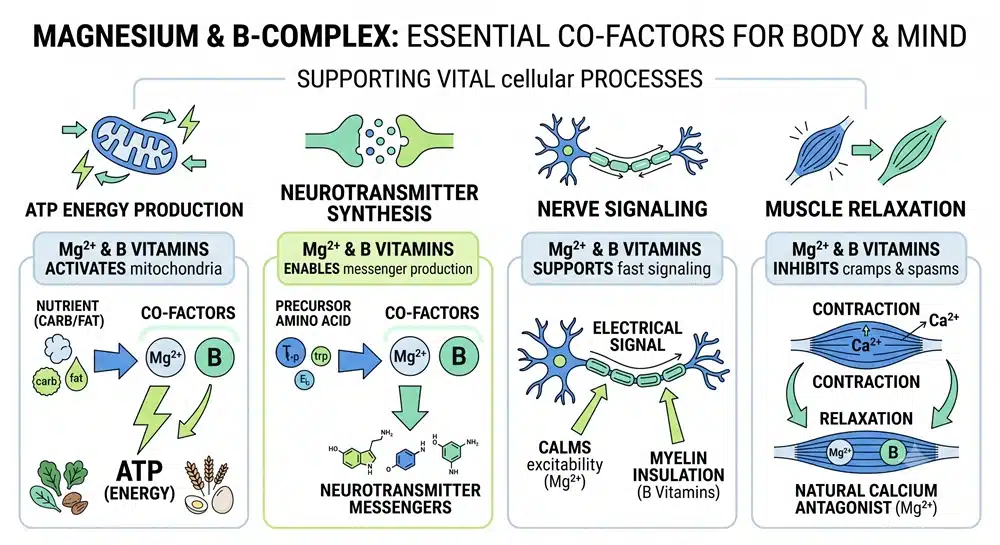 magnesium_b_vitamins_synergy_pathway Magnesium and B vitamins synergy pathway for energy, nerves, mood and muscle function