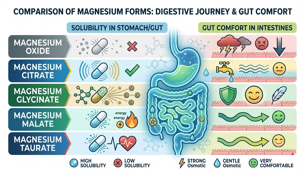 magnesium_forms_bioavailability_comparison Comparison of magnesium oxide, citrate, glycinate, malate and taurate for supplement formulation