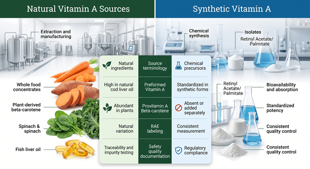 Natural vs synthetic vitamin A comparison by form, safety and supplement quality