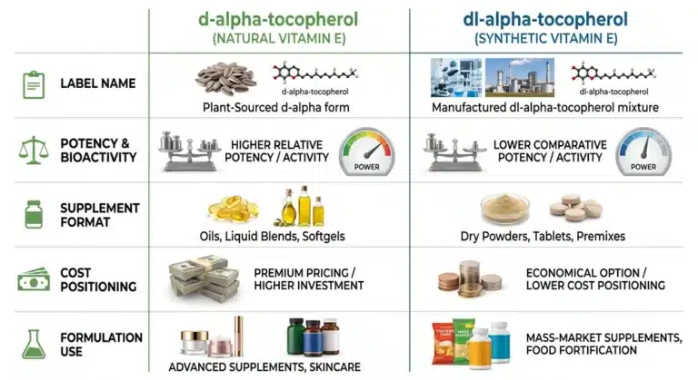 Natural vs synthetic vitamin E comparison chart for supplement formulation