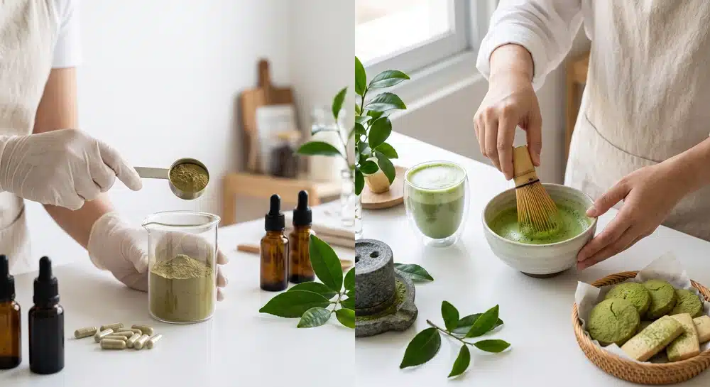 Green tea extract vs matcha comparison by processing, EGCG, caffeine and use