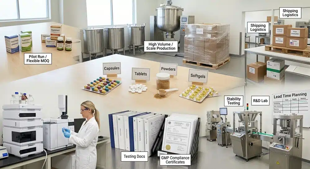 Private label supplement manufacturer comparison by MOQ, dosage form, testing and services