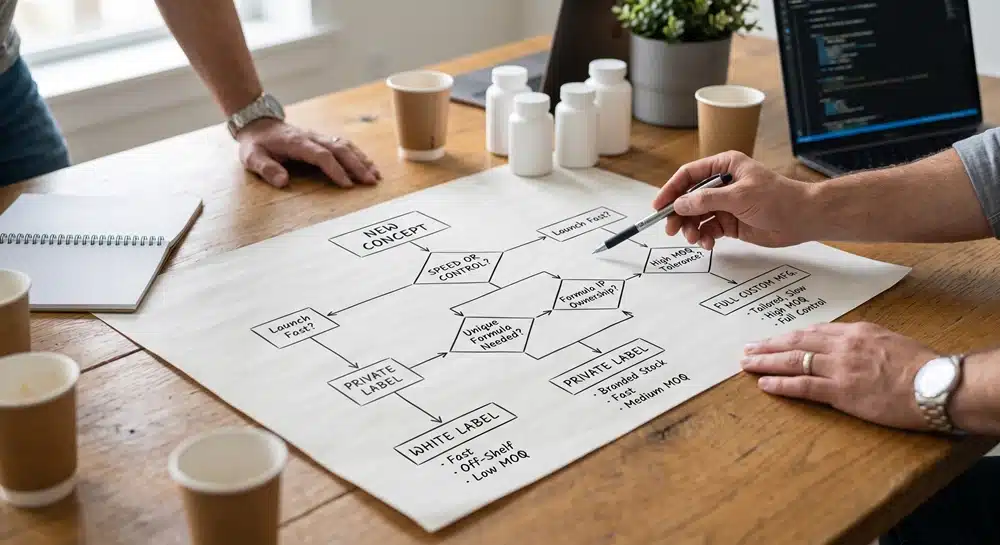 Private label vs white label vs custom supplement manufacturing decision flowchart