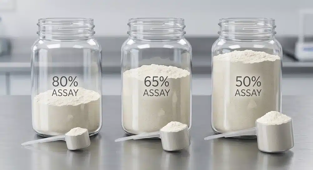 Protein powder formula load at 80 percent, 65 percent and 50 percent protein assay