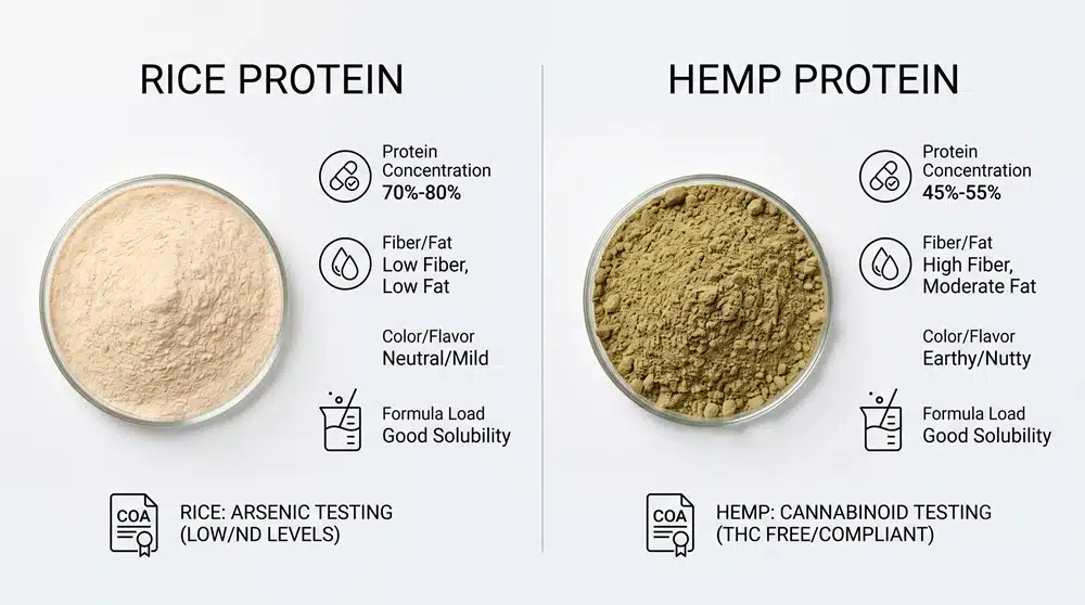 Rice protein vs hemp protein comparison by protein concentration, fiber, taste and quality controls