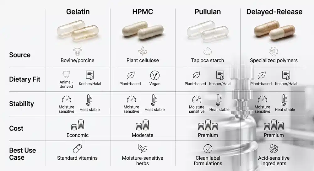 Supplement capsules made of gelatin HPMC and pullulan comparison chart