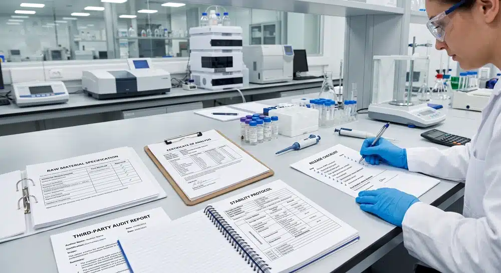 COA, batch record, GMP audit and stability documents for supplement manufacturing