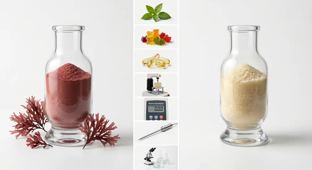 Agar agar vs gelatin comparison for supplement manufacturing, gummies, softgels and QC testing