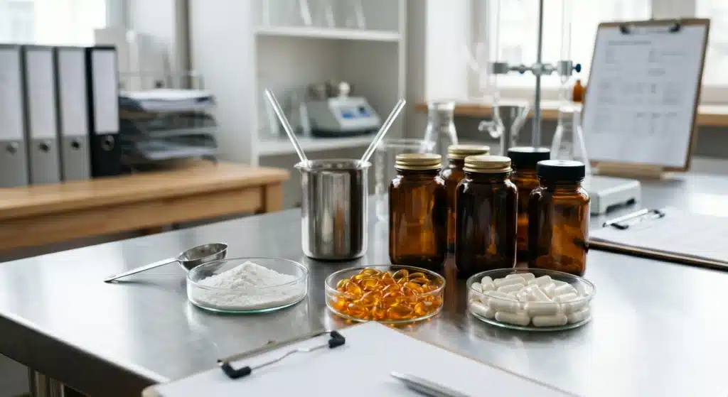 Alpha-lipoic acid powder and CoQ10 softgels for supplement formulation