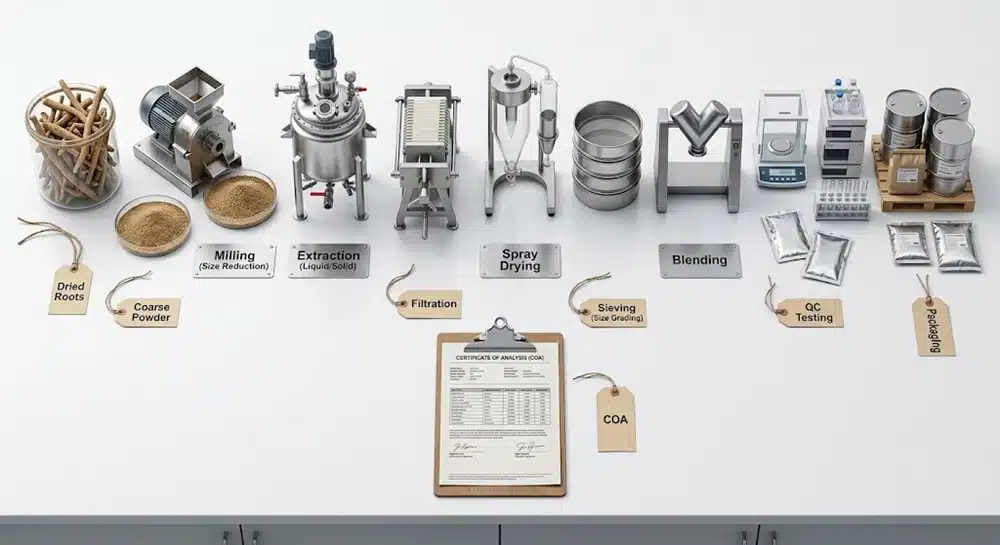 ashwagandha-extract-manufacturing-flowchart Ashwagandha extract manufacturing flowchart from root to QC testing and packaging