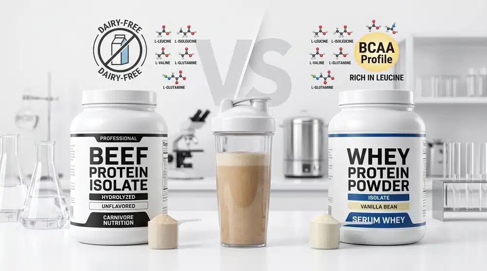 beef-protein-isolate-vs-whey-comparison. Beef protein isolate vs whey protein comparison showing powder scoops and amino acid quality factors