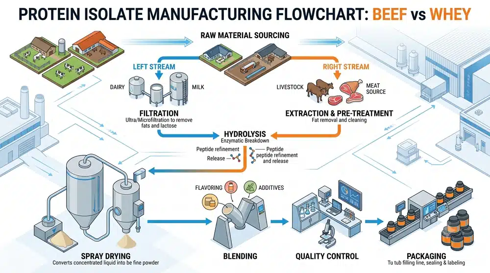 beef-protein-whey-manufacturing-flowchart Manufacturing flowchart comparing beef protein isolate and whey protein isolate production