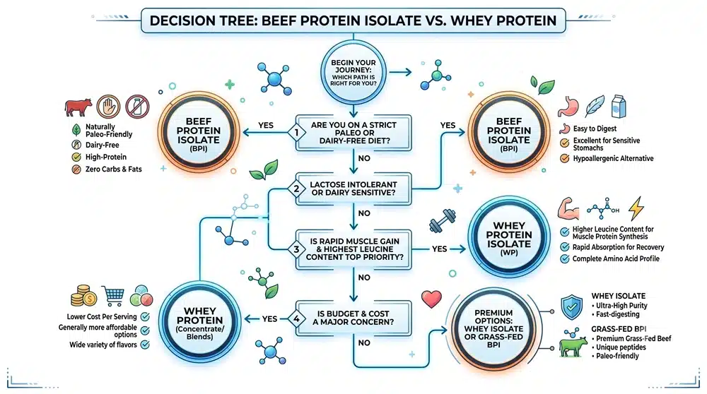 beef-vs-whey-protein-decision-tree Decision tree for choosing beef protein isolate or whey protein based on diet and fitness goals