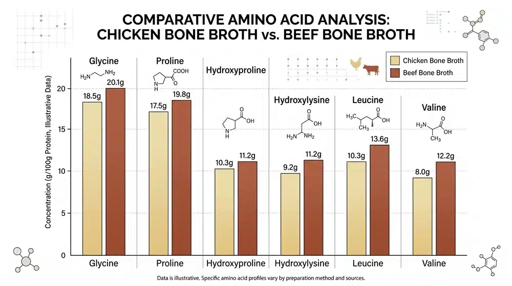 bone-broth-amino-acid-profile-chicken-vs-beef Amino acid profile comparison of chicken and beef bone broth based on published commercial sample data