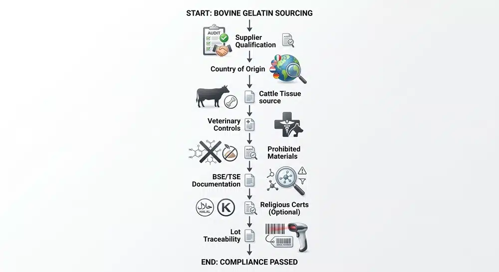 Bovine gelatin and collagen source traceability, BSE TSE, halal and kosher document workflow