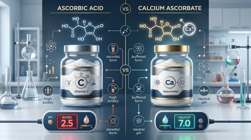 Calcium ascorbate vs ascorbic acid pH comparison showing buffered vitamin C and pure acidic vitamin C