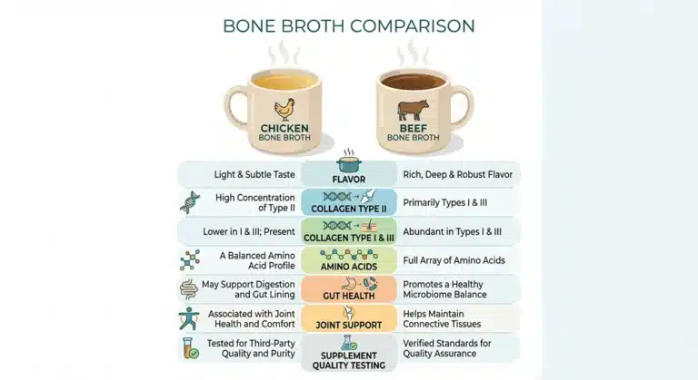 Chicken bone broth vs beef bone broth comparison chart showing collagen types, flavor, amino acids and best uses